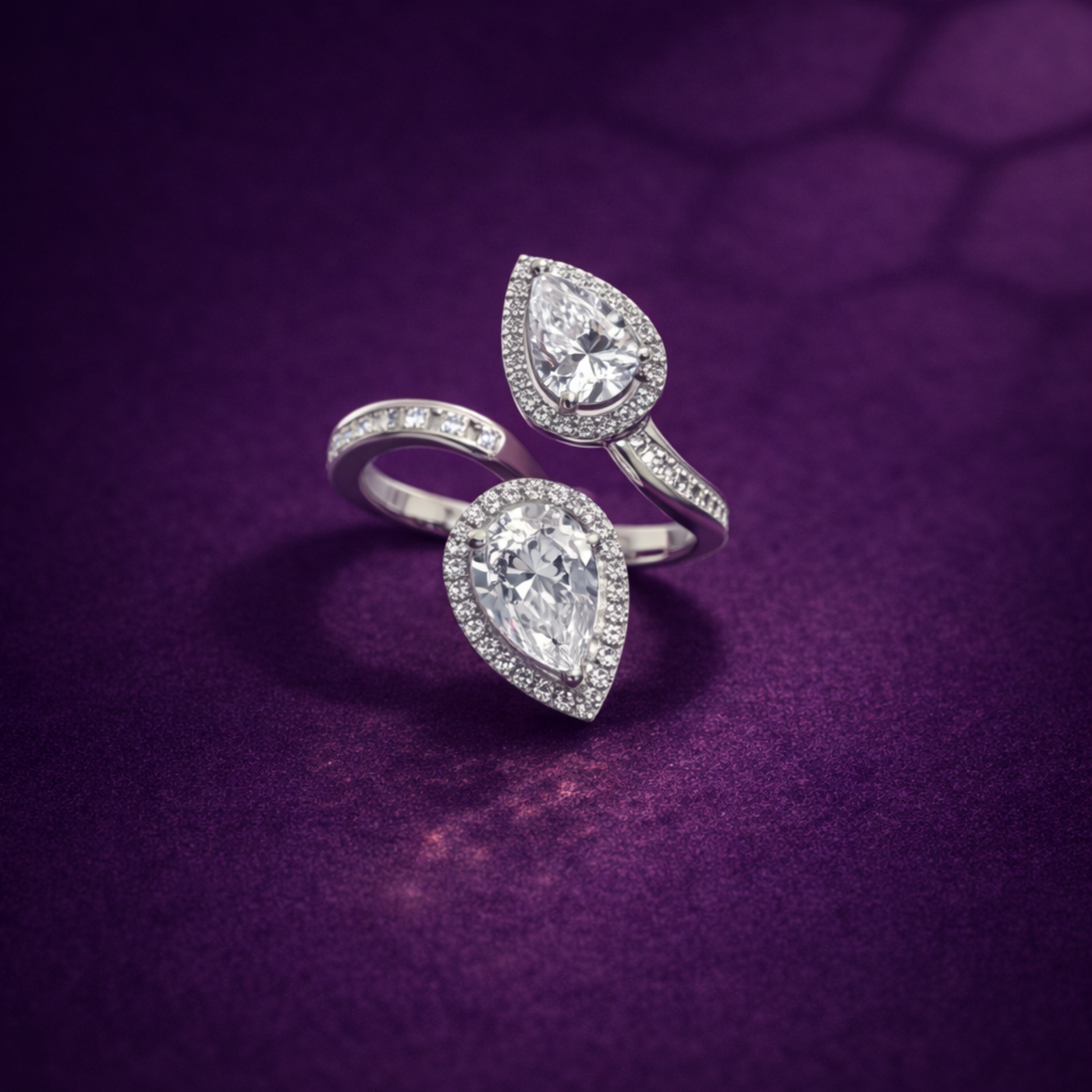 Silver double pear CZ ring in 925 sterling silver with halo design