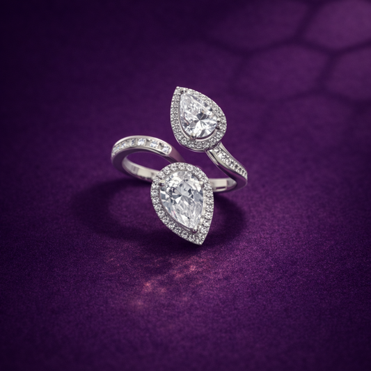 Silver double pear CZ ring in 925 sterling silver with halo design