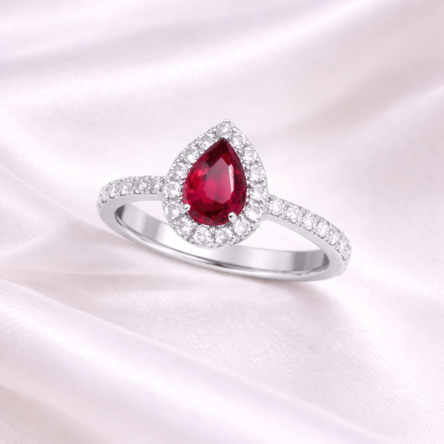 Silver pear ruby CZ ring in 925 sterling silver with halo design for women