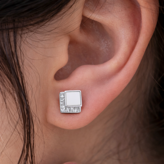 Silver modern square frame stud earrings in 925 sterling silver