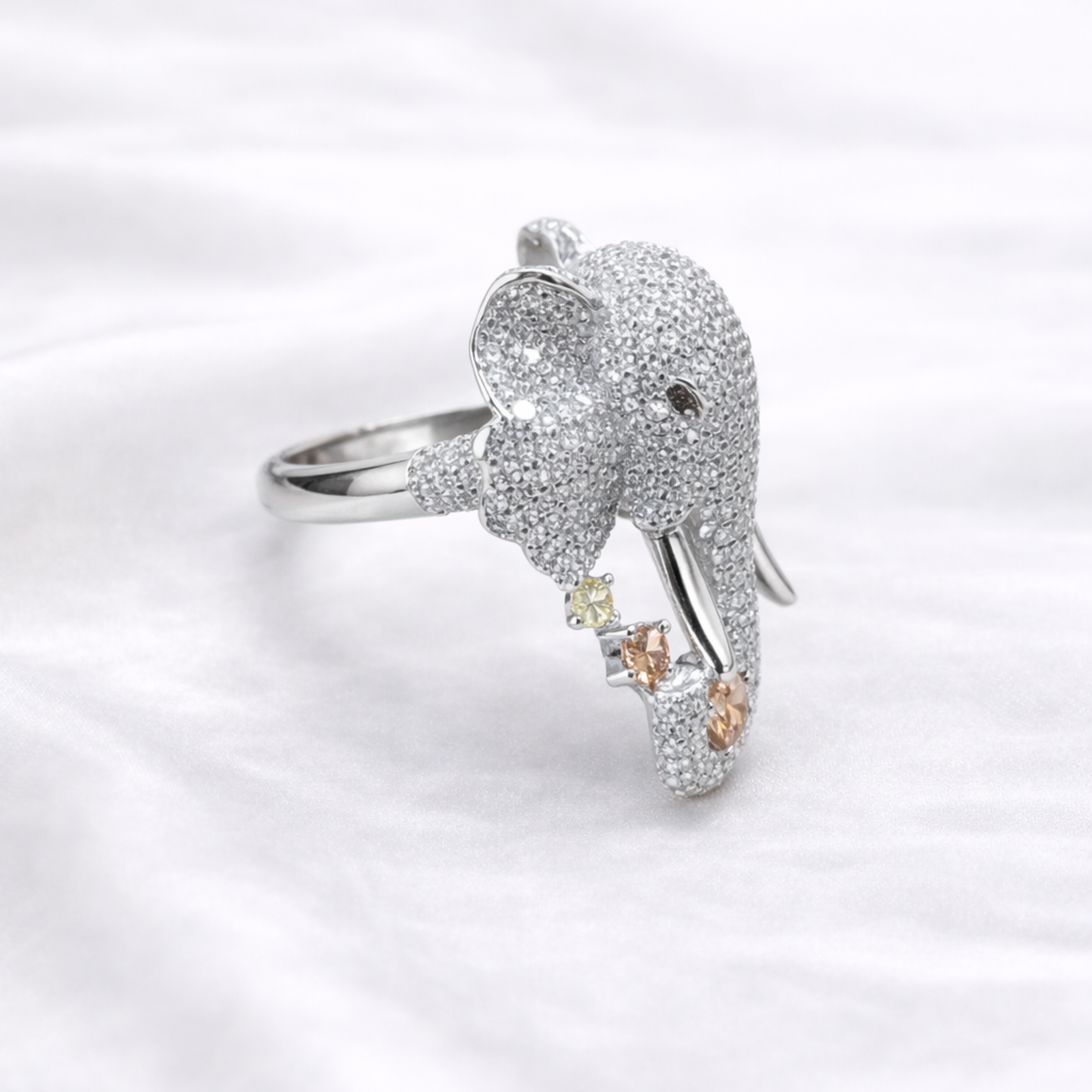 Silver elephant CZ statement ring in 925 sterling silver with pavé design