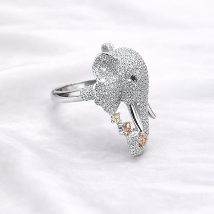 Silver elephant CZ statement ring in 925 sterling silver with pavé design