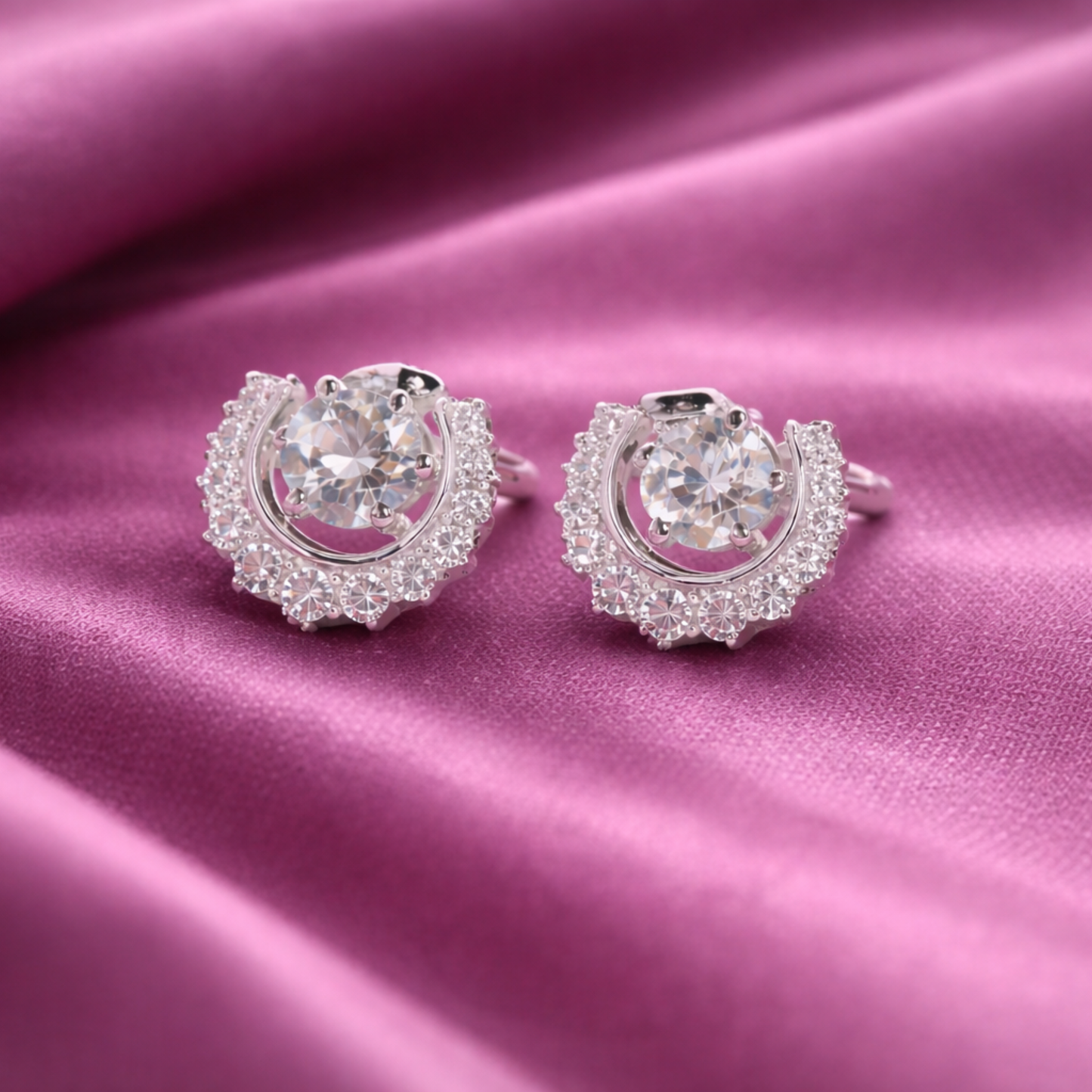 Silver halo round CZ stud earrings in 925 sterling silver