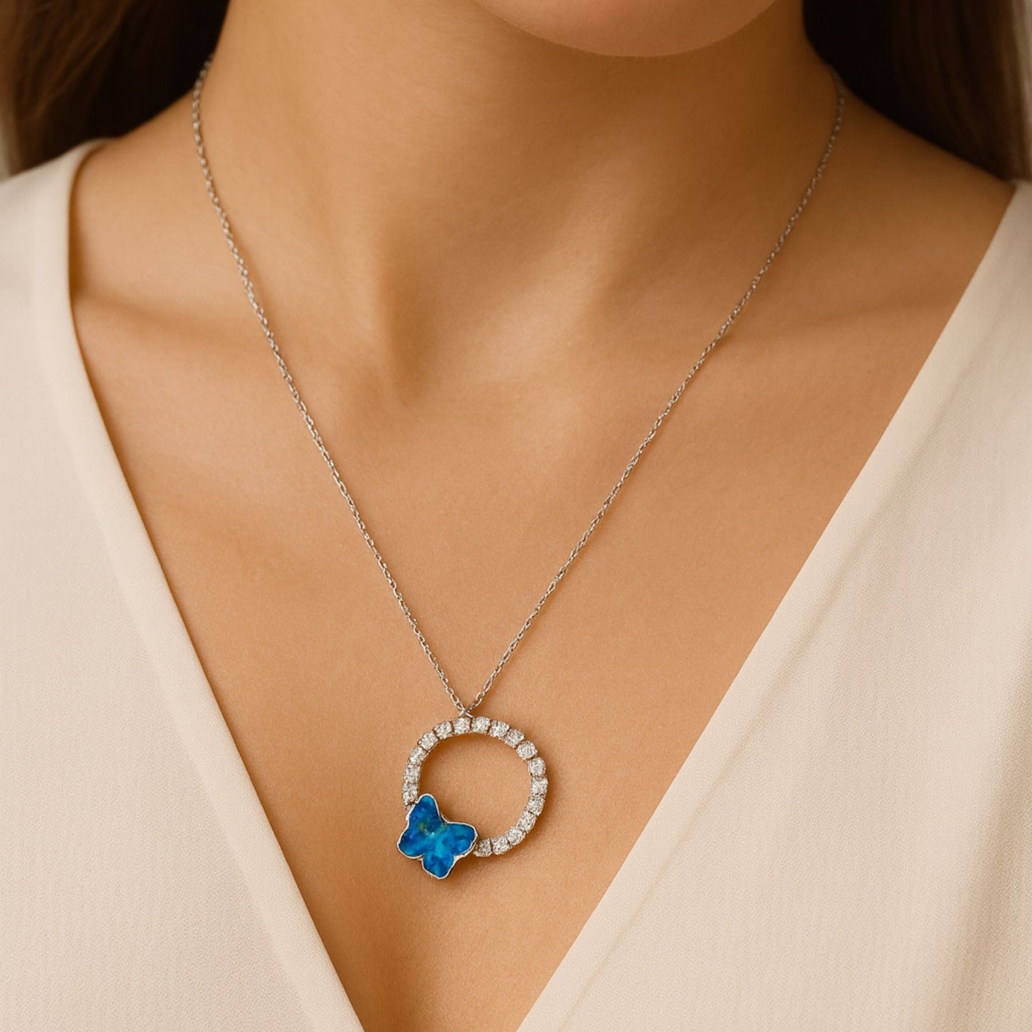 Blue Butterfly Halo 925 Sterling Silver Necklace for Women