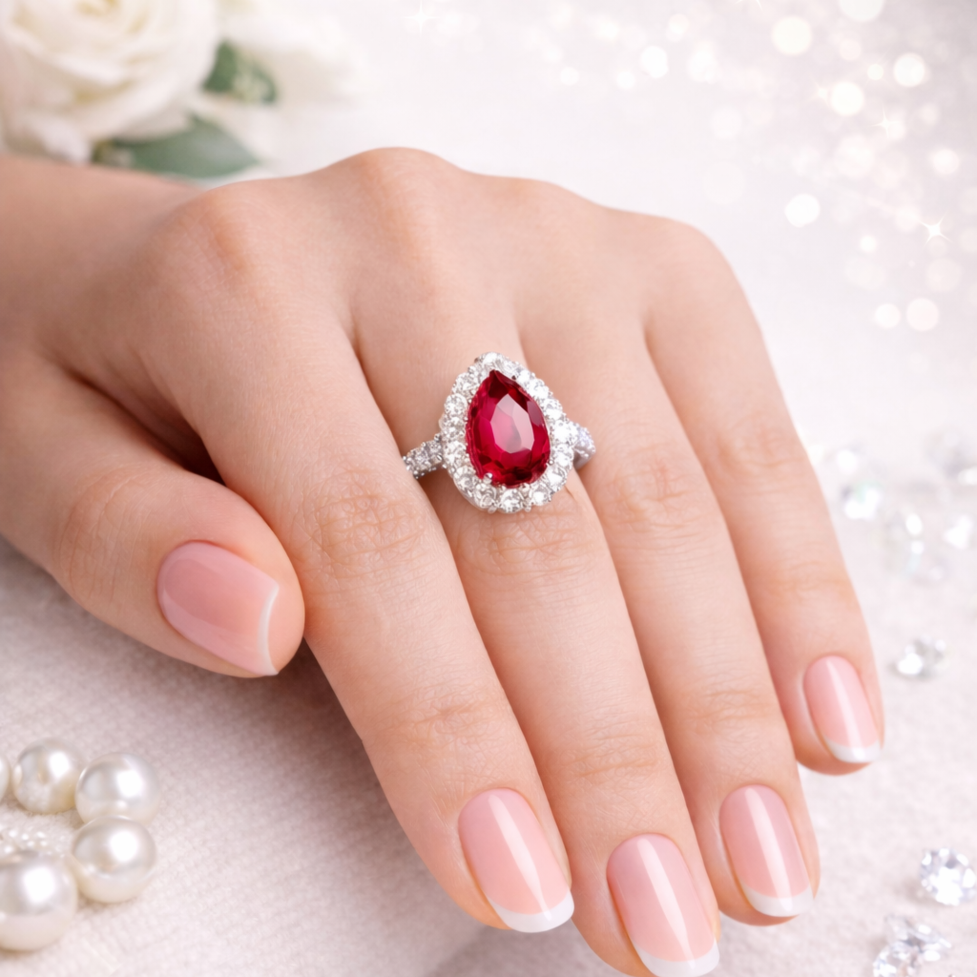 Silver pear ruby CZ ring in 925 sterling silver with halo design for women
