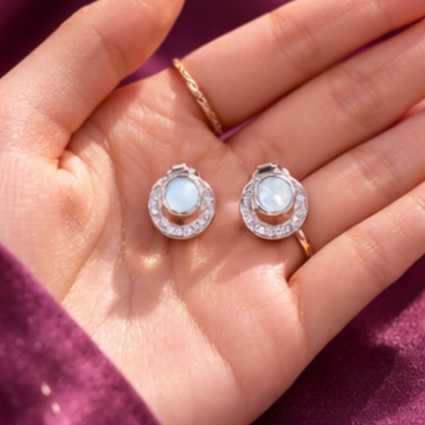 Silver opal halo CZ stud earrings in 925 sterling silver by Eloura Sterling