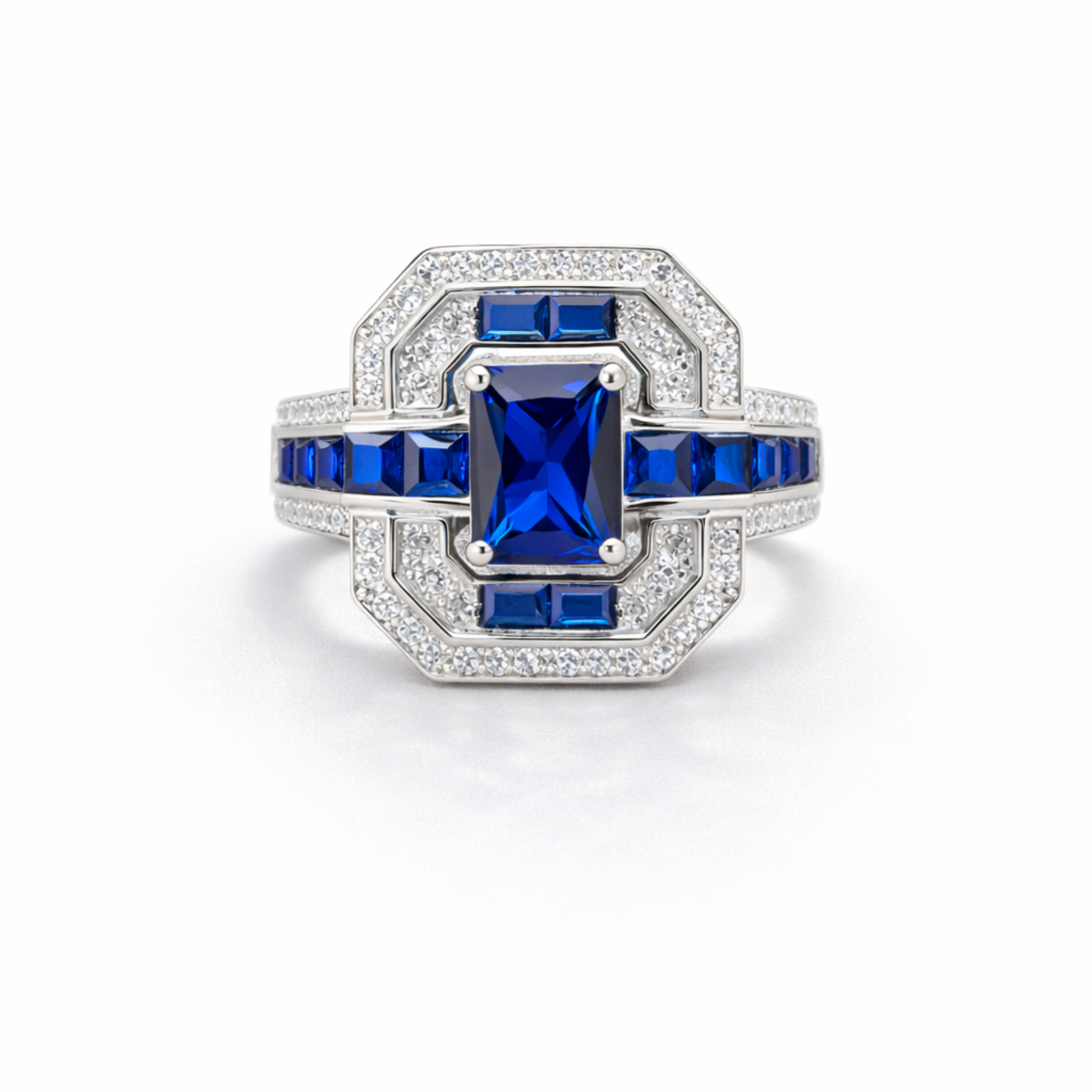 Silver blue sapphire CZ ring in 925 sterling silver with geometric halo design