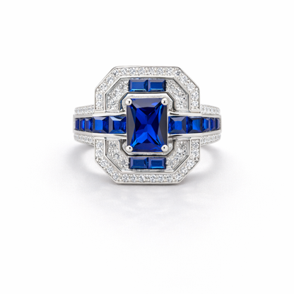 Silver blue sapphire CZ ring in 925 sterling silver with geometric halo design