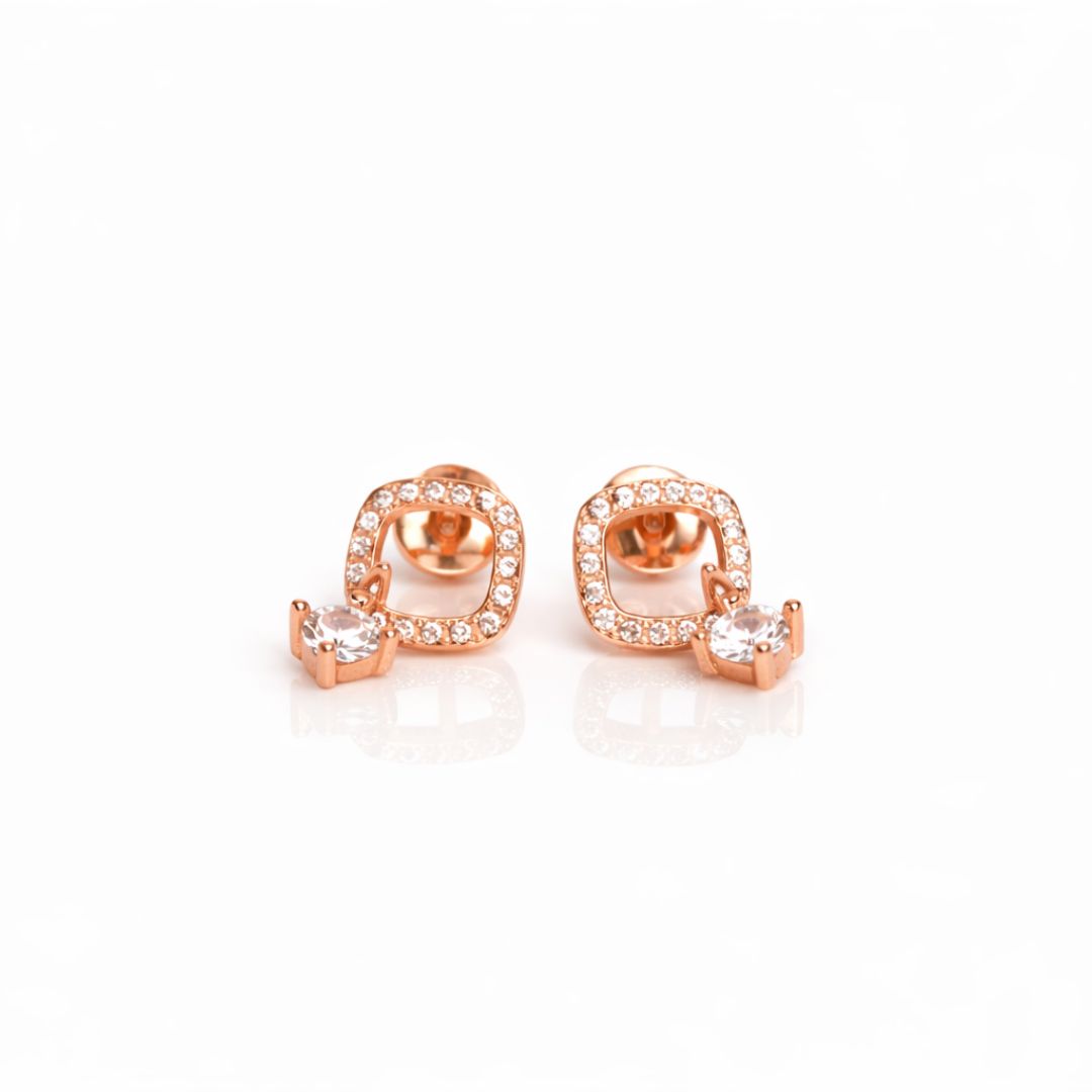 925 sterling silver open square halo stud earrings with rose gold polish and CZ stones