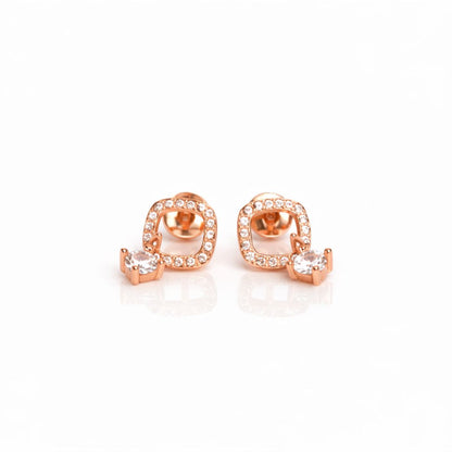 925 sterling silver open square halo stud earrings with rose gold polish and CZ stones
