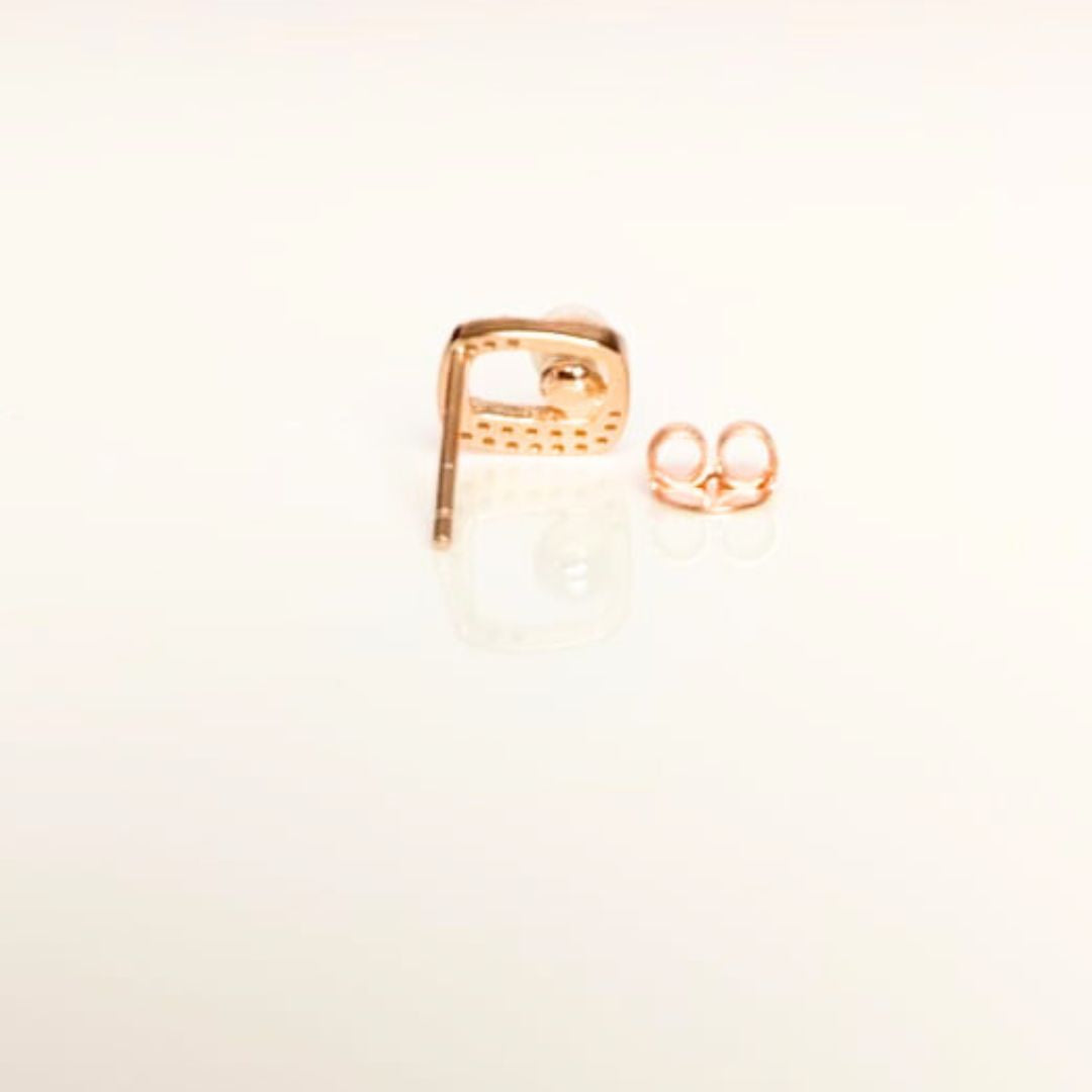 925 sterling silver square pearl stud earrings with CZ frame in rose gold polish