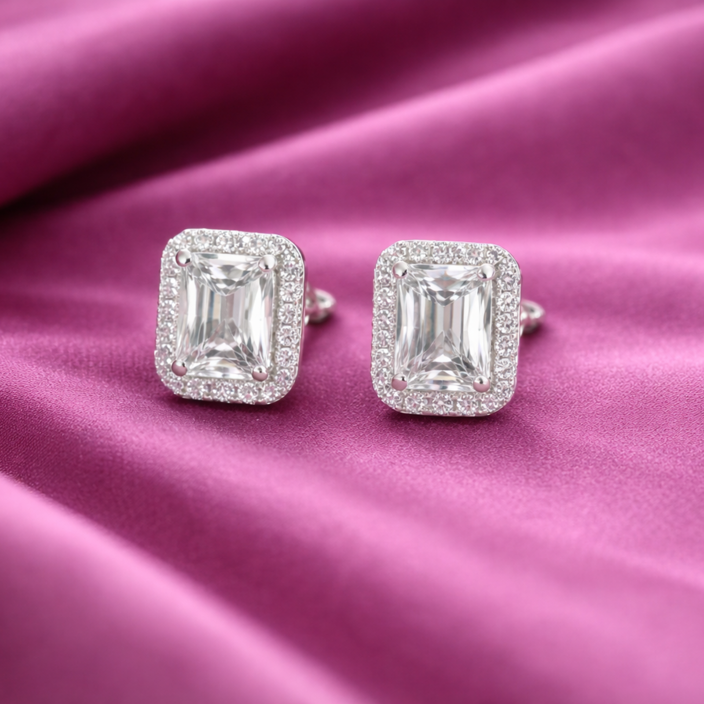 Silver emerald cut halo CZ stud earrings in 925 sterling silver by Eloura Sterling