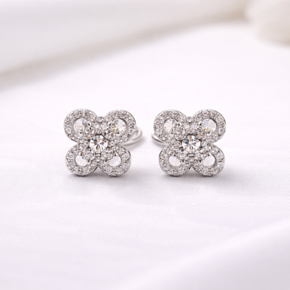 Silver floral clover CZ stud earrings in 925 sterling silver
