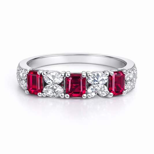 Silver ruby CZ ring in 925 sterling silver with red and white stones for women
