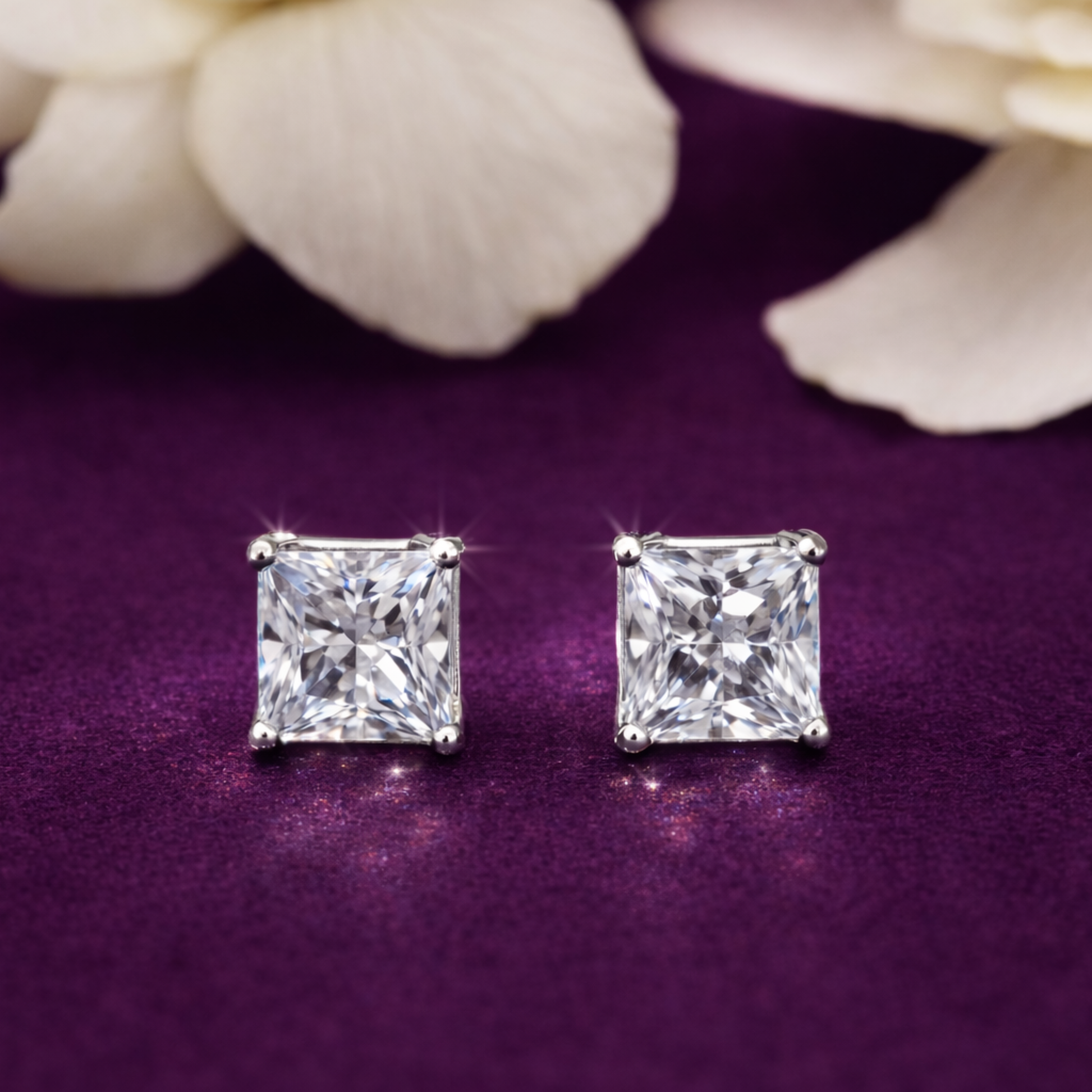 Silver princess cut square CZ stud earrings in 925 sterling silver
