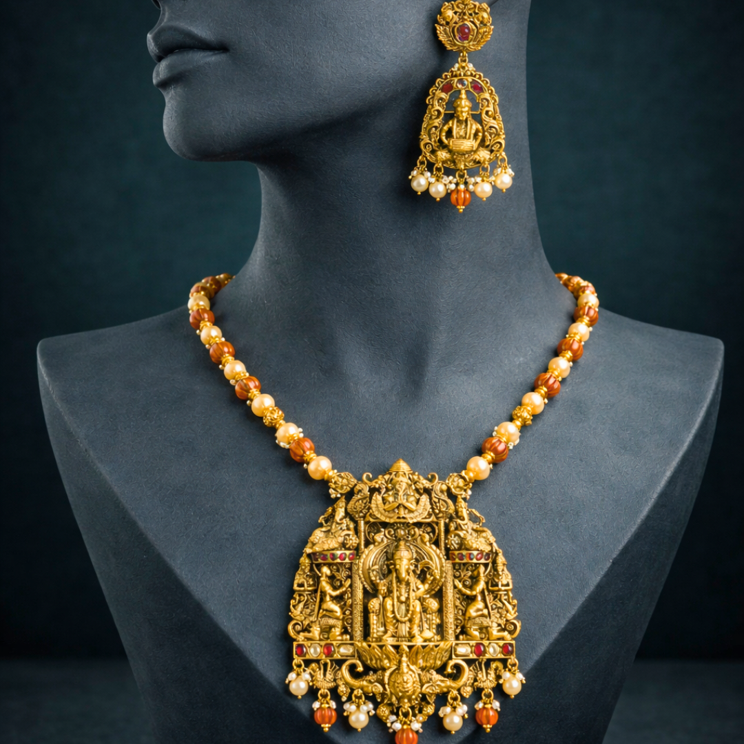 Ganesha Necklace Set Temple in 925 Sterling Silver - Eloura Sterling