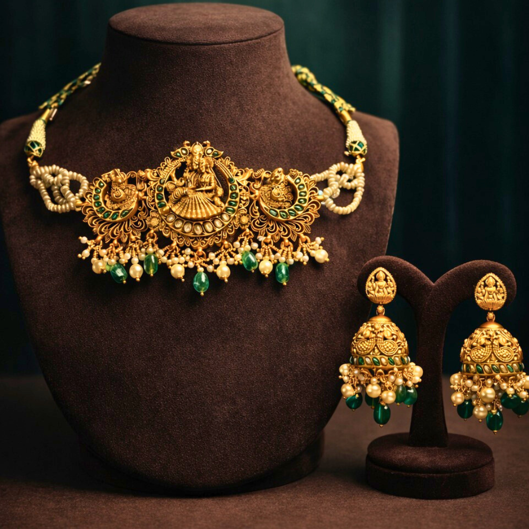 Temple Choker Set with Green Stones & Pearl Drops - Eloura Sterling