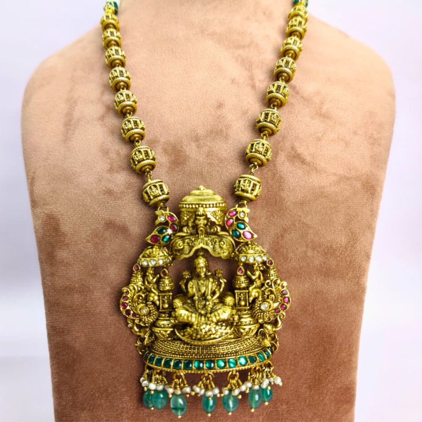 Lakshmi Temple Necklace Set with Ruby & Emerald Stones - Eloura Sterling