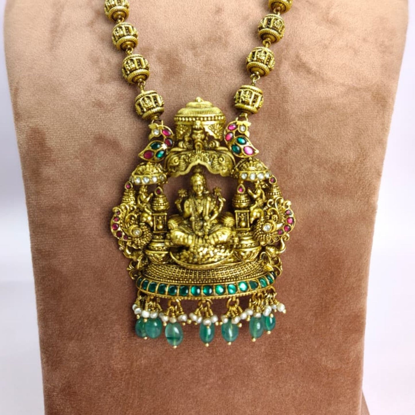 Lakshmi Temple Necklace Set with Ruby & Emerald Stones - Eloura Sterling