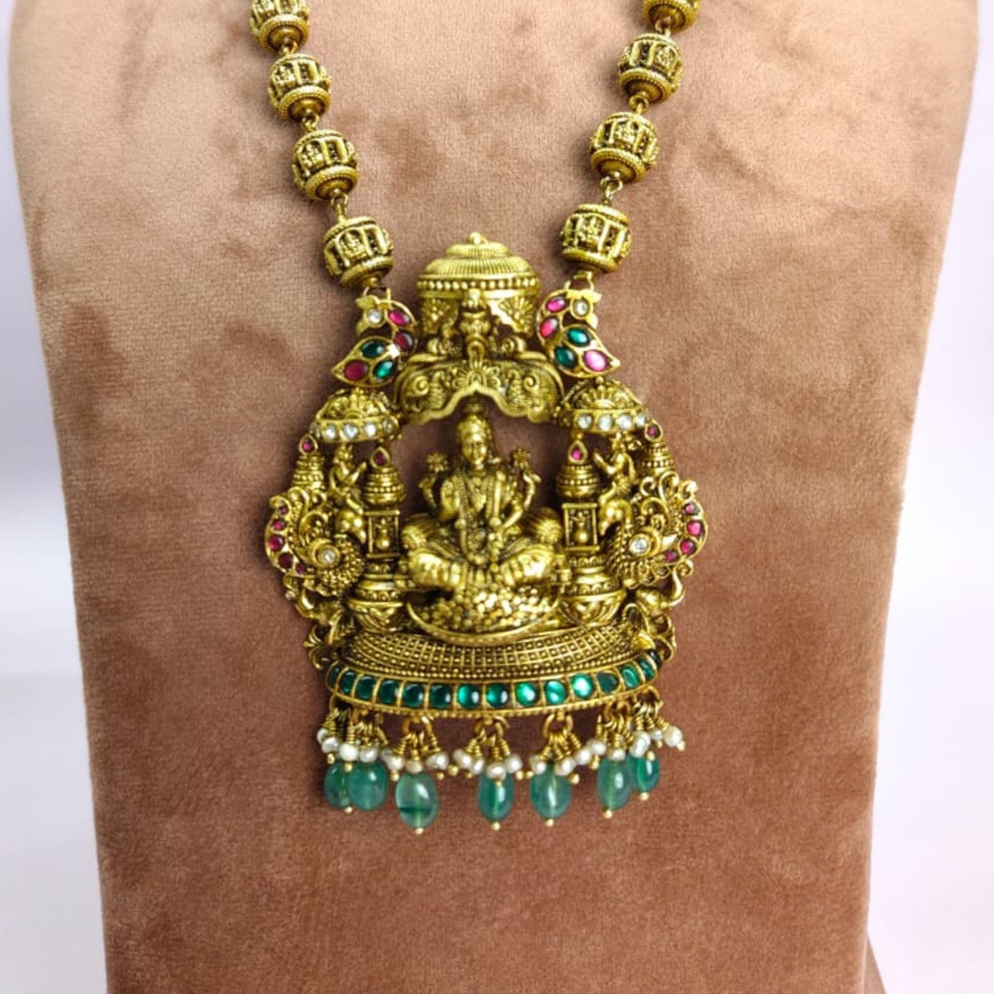 Lakshmi Temple Necklace Set with Ruby & Emerald Stones - Eloura Sterling