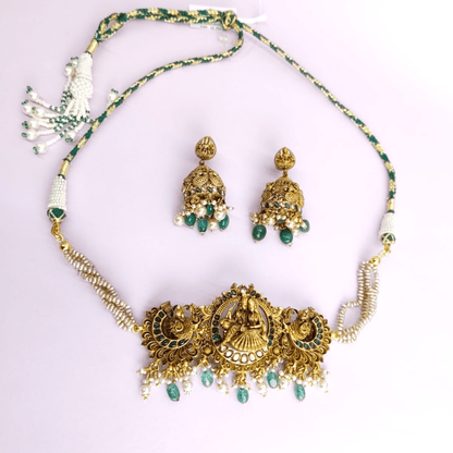 Temple Choker Set with Green Stones & Pearl Drops - Eloura Sterling