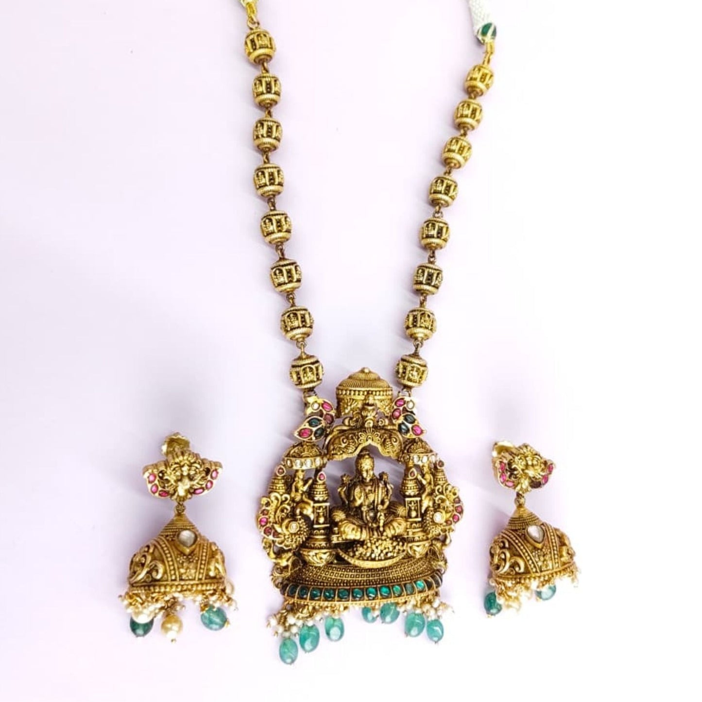 Lakshmi Temple Necklace Set with Ruby & Emerald Stones - Eloura Sterling
