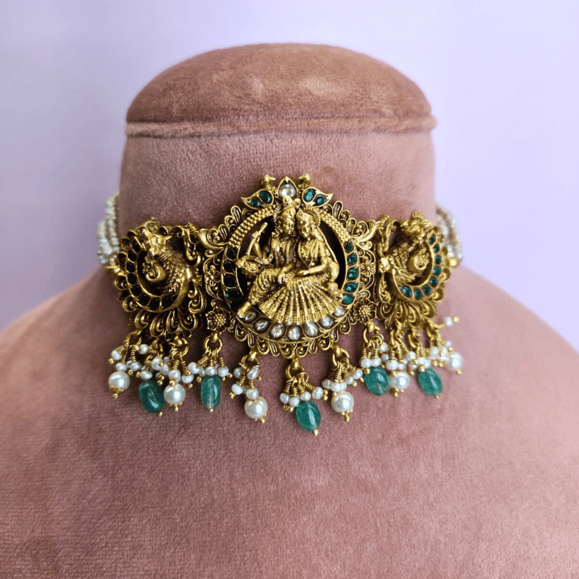 Temple Choker Set with Green Stones & Pearl Drops - Eloura Sterling