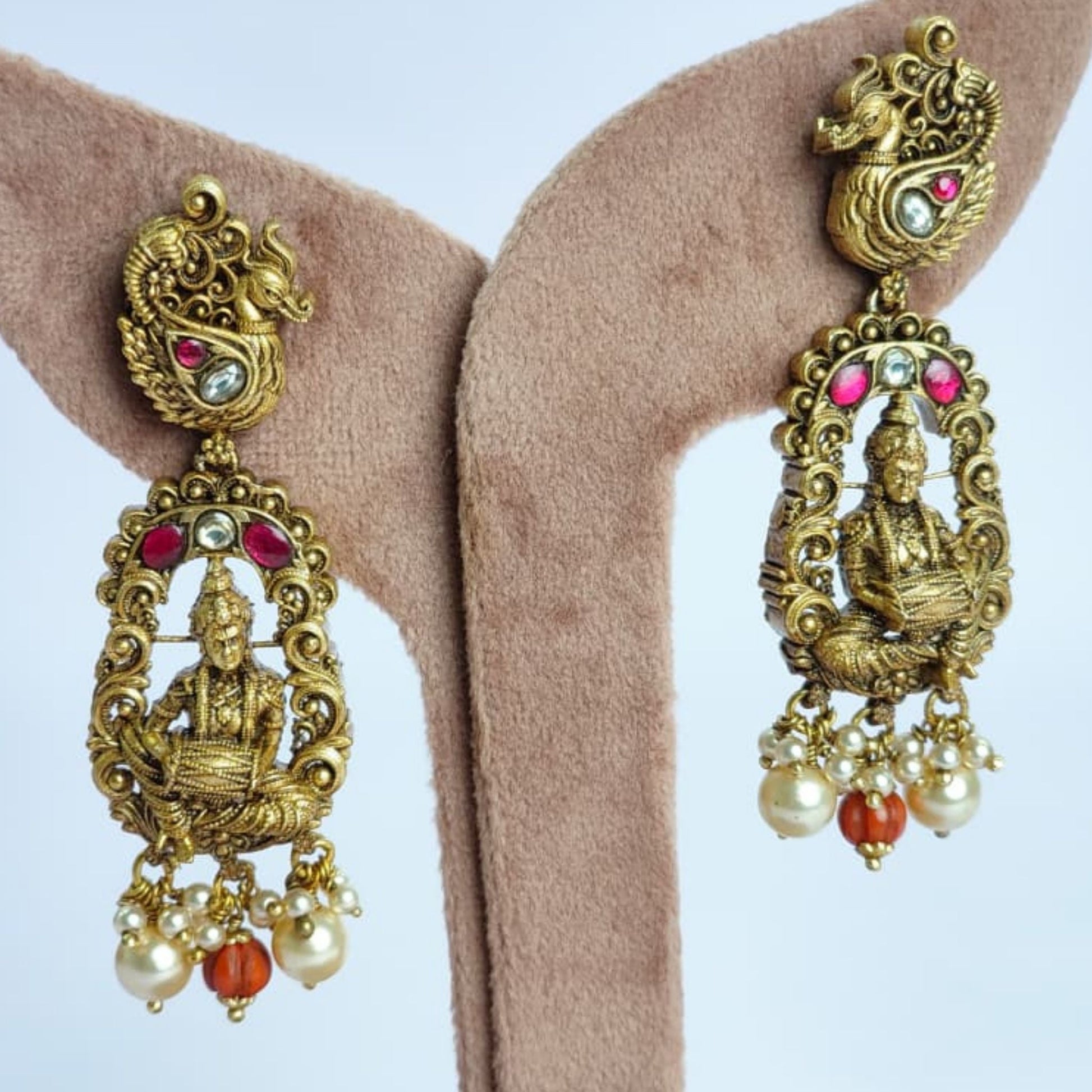 Ganesha Temple Jewellery Necklace in 925 Sterling Silver with Gold Polish, Red Beads & Pearl Drops - Eloura Sterling