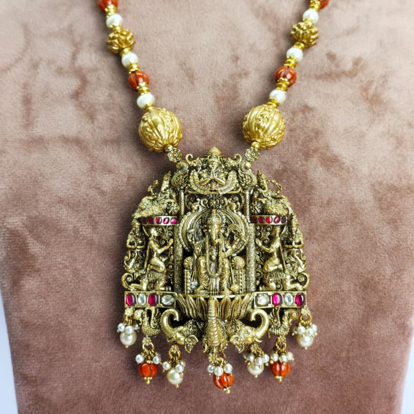 Ganesha Temple Jewellery Necklace in 925 Sterling Silver with Gold Polish, Red Beads & Pearl Drops - Eloura Sterling