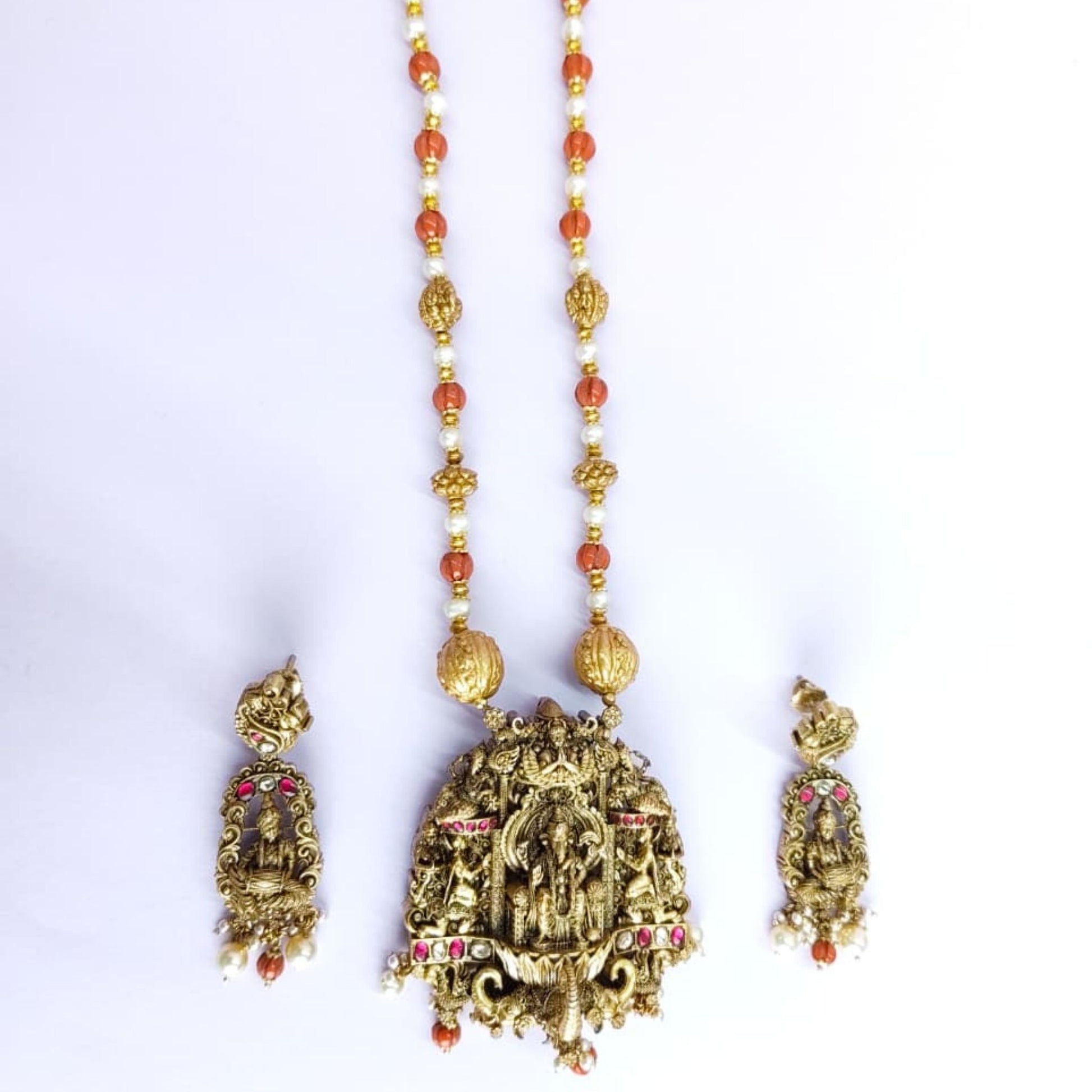 Ganesha Temple Jewellery Necklace in 925 Sterling Silver with Gold Polish, Red Beads & Pearl Drops - Eloura Sterling