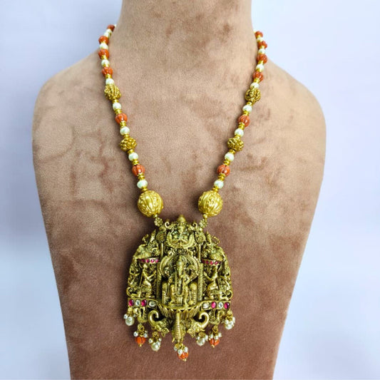 Ganesha Temple Jewellery Necklace in 925 Sterling Silver with Gold Polish, Red Beads & Pearl Drops - Eloura Sterling