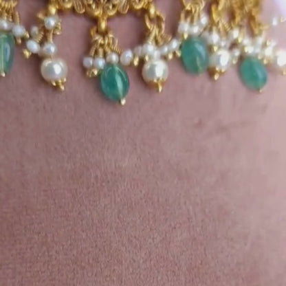 Temple Choker Set with Green Stones & Pearl Drops