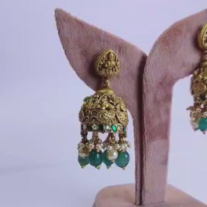 Temple Choker Set with Green Stones & Pearl Drops